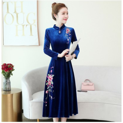 Embroidery Velvet Sapphire Midi Cheongsam Dress 1311-73