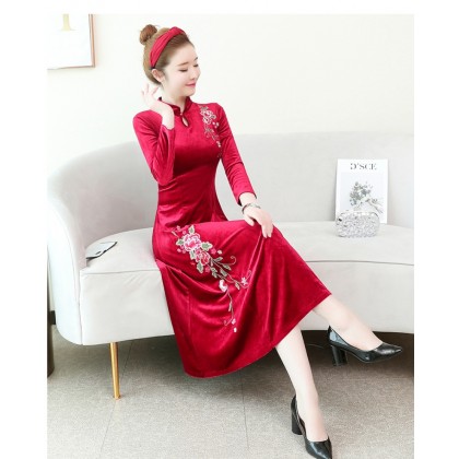 Embroidery Velvet Red Midi Cheongsam Dress 1311-28