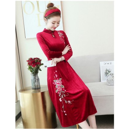 Embroidery Velvet Red Midi Cheongsam Dress 1311-28