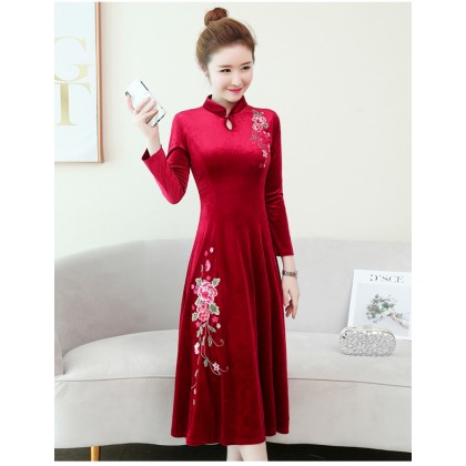 Embroidery Velvet Red Midi Cheongsam Dress 1311-28