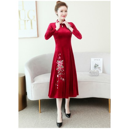 Embroidery Velvet Red Midi Cheongsam Dress 1311-28