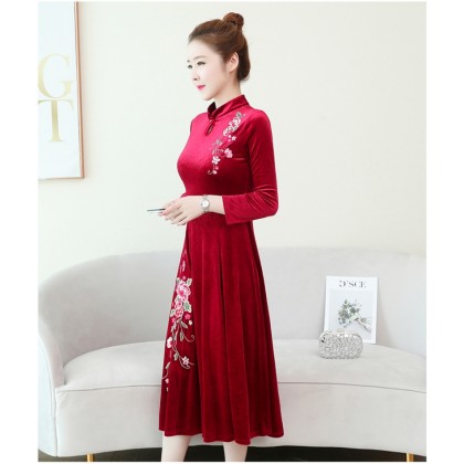 Embroidery Velvet Red Midi Cheongsam Dress 1311-28