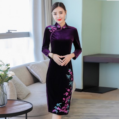 Vintage Embroidery Purple Red Velvet Midi Cheongsam 1312-85