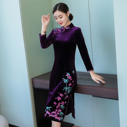 Vintage Embroidery Purple Red Velvet Midi Cheongsam 1312-85