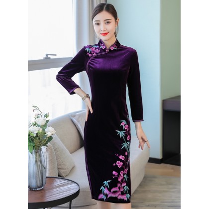 Vintage Embroidery Purple Red Velvet Midi Cheongsam 1312-85