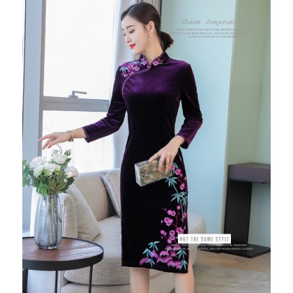 Vintage Embroidery Purple Red Velvet Midi Cheongsam 1312-85