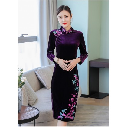 Vintage Embroidery Purple Red Velvet Midi Cheongsam 1312-85