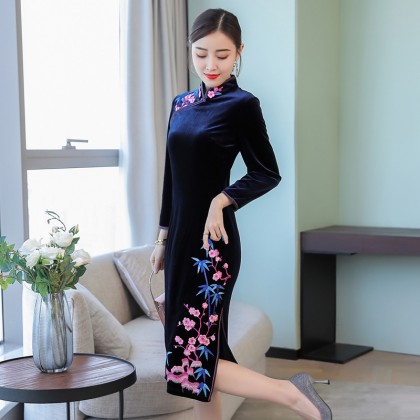 Vintage Embroidery Sapphire Velvet Midi Cheongsam 1312-73