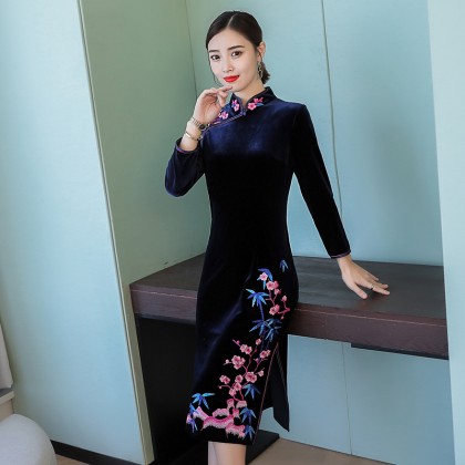 Vintage Embroidery Sapphire Velvet Midi Cheongsam 1312-73