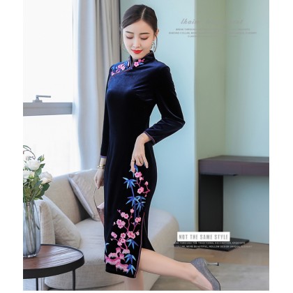 Vintage Embroidery Sapphire Velvet Midi Cheongsam 1312-73