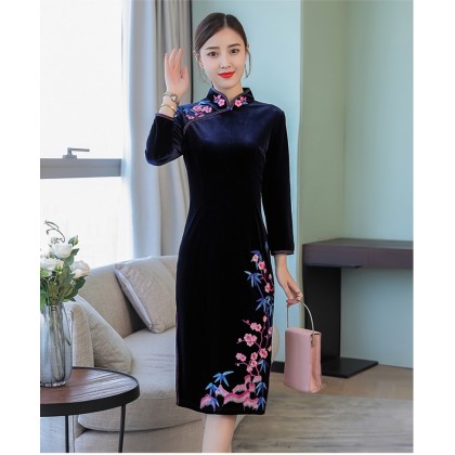 Vintage Embroidery Sapphire Velvet Midi Cheongsam 1312-73