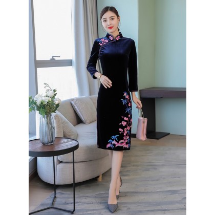 Vintage Embroidery Sapphire Velvet Midi Cheongsam 1312-73