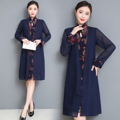 Long-sleeved Graceful Navy Midi Linen Cheongsam Dress 3029-76 Long-sleeved Graceful Navy Midi Linen Cheongsam Dress 3029-76