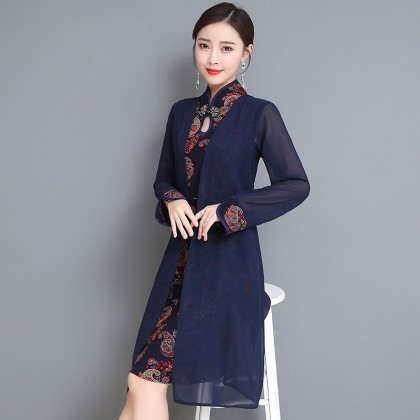 Long-sleeved Graceful Navy Midi Linen Cheongsam Dress 3029-76 Long-sleeved Graceful Navy Midi Linen Cheongsam Dress 3029-76