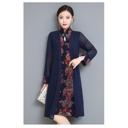 Long-sleeved Graceful Navy Midi Linen Cheongsam Dress 3029-76 Long-sleeved Graceful Navy Midi Linen Cheongsam Dress 3029-76