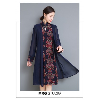 Long-sleeved Graceful Navy Midi Linen Cheongsam Dress 3029-76 Long-sleeved Graceful Navy Midi Linen Cheongsam Dress 3029-76
