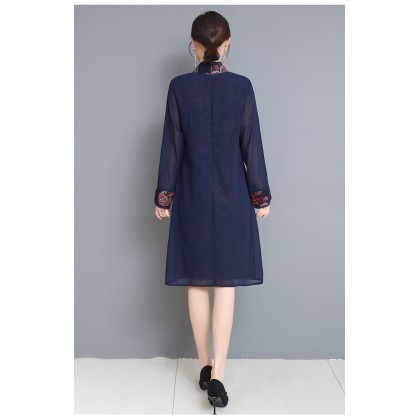 Long-sleeved Graceful Navy Midi Linen Cheongsam Dress 3029-76 Long-sleeved Graceful Navy Midi Linen Cheongsam Dress 3029-76