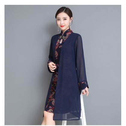 Long-sleeved Graceful Navy Midi Linen Cheongsam Dress 3029-76 Long-sleeved Graceful Navy Midi Linen Cheongsam Dress 3029-76