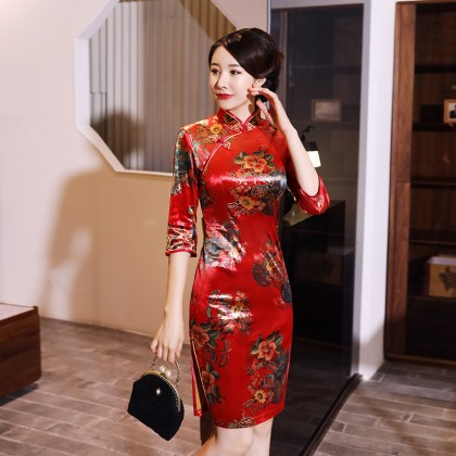 Prosperous Tree Elegant Red Velvet Qipao 2304-28