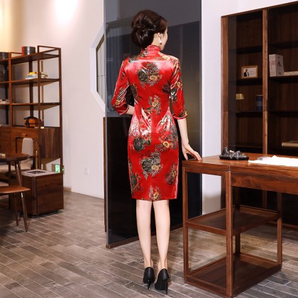 Prosperous Tree Elegant Red Velvet Qipao 2304-28