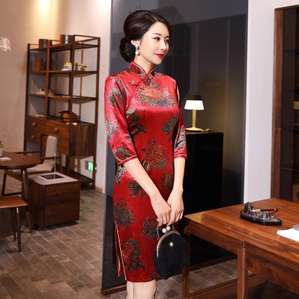 Prosperous Tree Elegant Red Velvet Qipao 2304-28