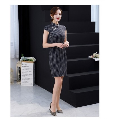 Vintage Black Plaid Short Qipao 2404-99 