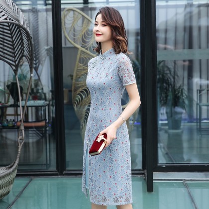Ao Dai Style Blue Dot Lace Midi Cheongsam Dress 3030-70