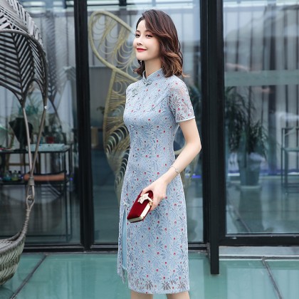 Ao Dai Style Blue Dot Lace Midi Cheongsam Dress 3030-70 蕾絲奧黛圓點藍中長旗袍裙