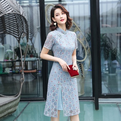 Ao Dai Style Blue Dot Lace Midi Cheongsam Dress 3030-70 蕾絲奧黛圓點藍中長旗袍裙