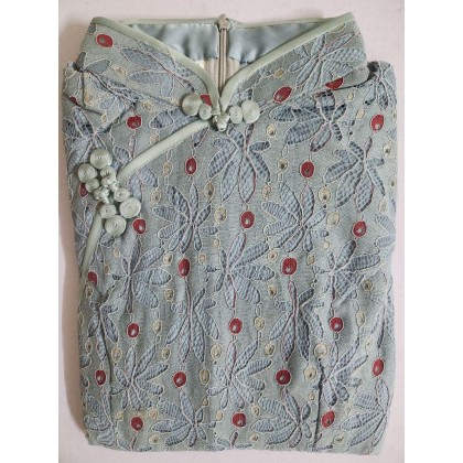 Ao Dai Style Blue Dot Lace Midi Cheongsam Dress 3030-70