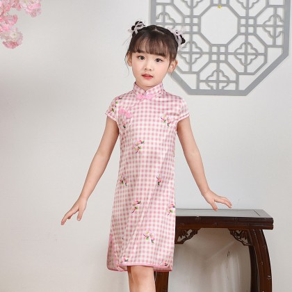 Hangzhou Children Pink Plaid Faux Silk Qipao 15001-20 Hangzhou Children Pink Plaid Faux Silk Qipao 15001-20