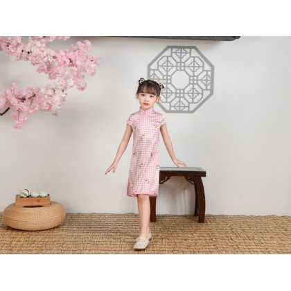 Hangzhou Children Pink Plaid Faux Silk Qipao 15001-20 Hangzhou Children Pink Plaid Faux Silk Qipao 15001-20