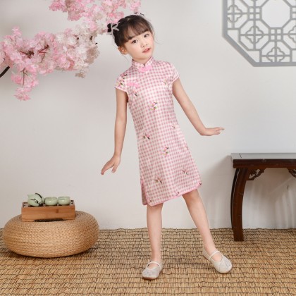 Hangzhou Children Pink Plaid Faux Silk Qipao 15001-20 Hangzhou Children Pink Plaid Faux Silk Qipao 15001-20
