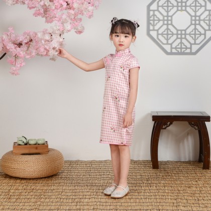 Hangzhou Children Pink Plaid Faux Silk Qipao 15001-20 Hangzhou Children Pink Plaid Faux Silk Qipao 15001-20