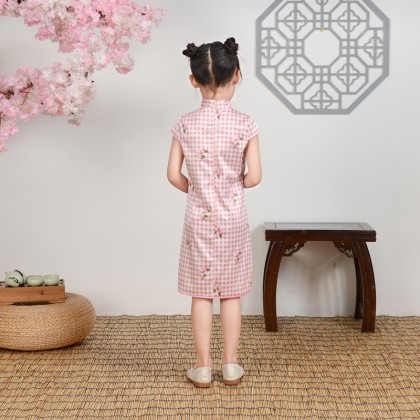 Hangzhou Children Pink Plaid Faux Silk Qipao 15001-20 Hangzhou Children Pink Plaid Faux Silk Qipao 15001-20
