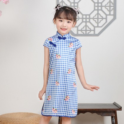 Hangzhou Children Blue Plaid Faux Silk Qipao 15001-70 Hangzhou Children Blue Plaid Faux Silk Qipao 15001-70