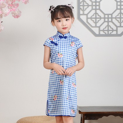 Hangzhou Children Blue Plaid Faux Silk Qipao 15001-70 Hangzhou Children Blue Plaid Faux Silk Qipao 15001-70