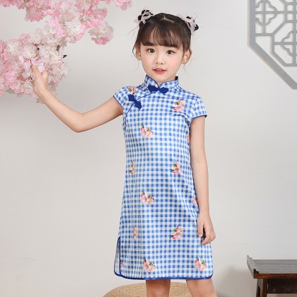 Hangzhou Children Blue Plaid Faux Silk Qipao 15001-70 Hangzhou Children Blue Plaid Faux Silk Qipao 15001-70