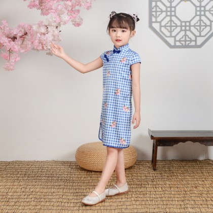 Hangzhou Children Blue Plaid Faux Silk Qipao 15001-70 Hangzhou Children Blue Plaid Faux Silk Qipao 15001-70