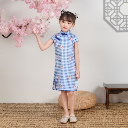 Hangzhou Children Blue Plaid Faux Silk Qipao 15001-70 Hangzhou Children Blue Plaid Faux Silk Qipao 15001-70
