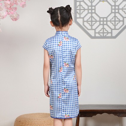 Hangzhou Children Blue Plaid Faux Silk Qipao 15001-70 Hangzhou Children Blue Plaid Faux Silk Qipao 15001-70