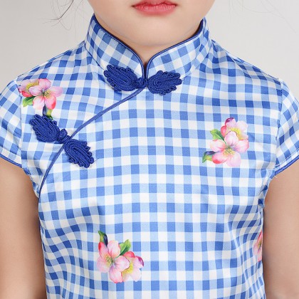 Hangzhou Children Blue Plaid Faux Silk Qipao 15001-70 Hangzhou Children Blue Plaid Faux Silk Qipao 15001-70
