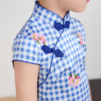 Hangzhou Children Blue Plaid Faux Silk Qipao 15001-70 Hangzhou Children Blue Plaid Faux Silk Qipao 15001-70