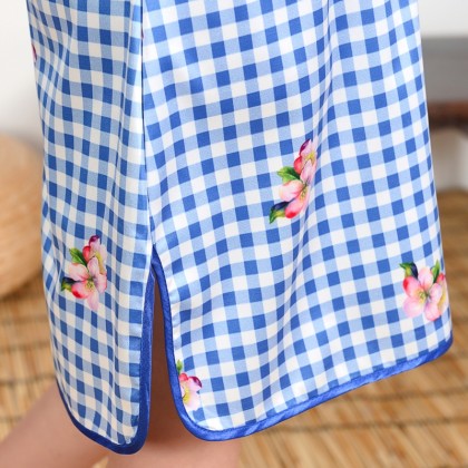 Hangzhou Children Blue Plaid Faux Silk Qipao 15001-70 Hangzhou Children Blue Plaid Faux Silk Qipao 15001-70