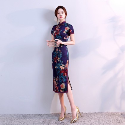 Hangzhou Floral Purple Silk Midi Cheongsam 1034-82 Hangzhou Floral Purple Silk Midi Cheongsam 1034-82