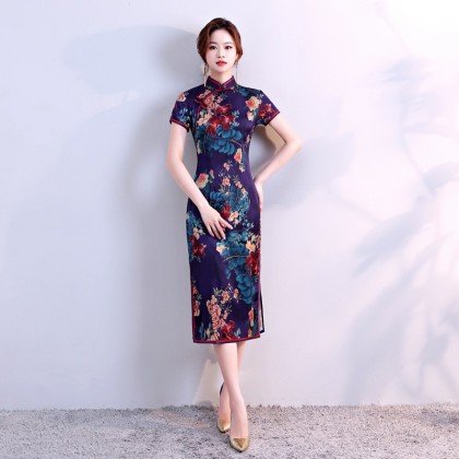 Hangzhou Floral Purple Silk Midi Cheongsam 1034-82 Hangzhou Floral Purple Silk Midi Cheongsam 1034-82