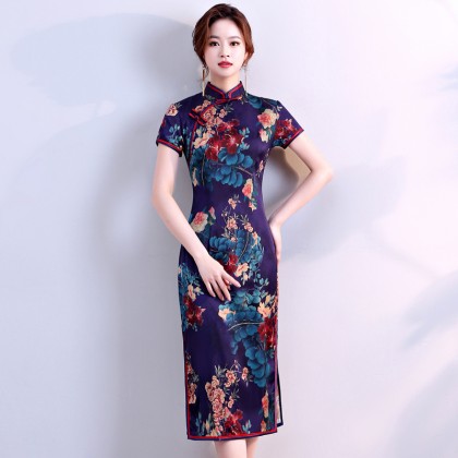 Hangzhou Floral Purple Silk Midi Cheongsam 1034-82 Hangzhou Floral Purple Silk Midi Cheongsam 1034-82