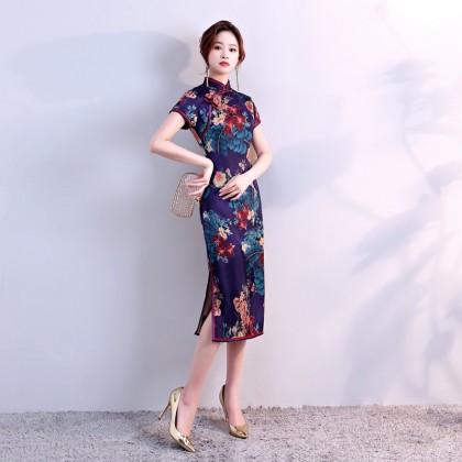 Hangzhou Floral Purple Silk Midi Cheongsam 1034-82 Hangzhou Floral Purple Silk Midi Cheongsam 1034-82