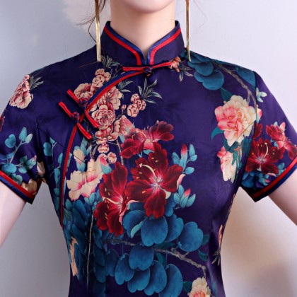Hangzhou Floral Purple Silk Midi Cheongsam 1034-82 Hangzhou Floral Purple Silk Midi Cheongsam 1034-82