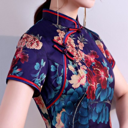 Hangzhou Floral Purple Silk Midi Cheongsam 1034-82 Hangzhou Floral Purple Silk Midi Cheongsam 1034-82